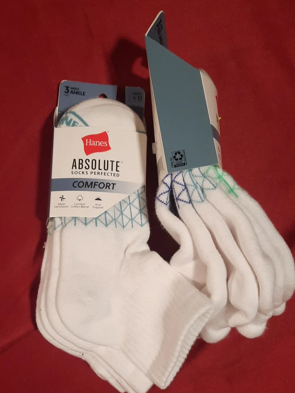 Hanes 2 Packs Of White Ankle Athletic Socks with Blue & Green Accents - 6 Pair